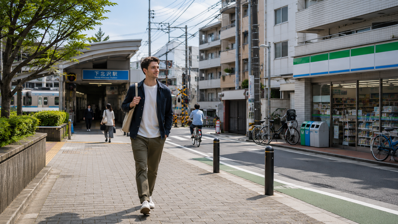 Foreign resident walking near a Japanese train station and convenience store in a quiet urban neighborhood in Japan.
