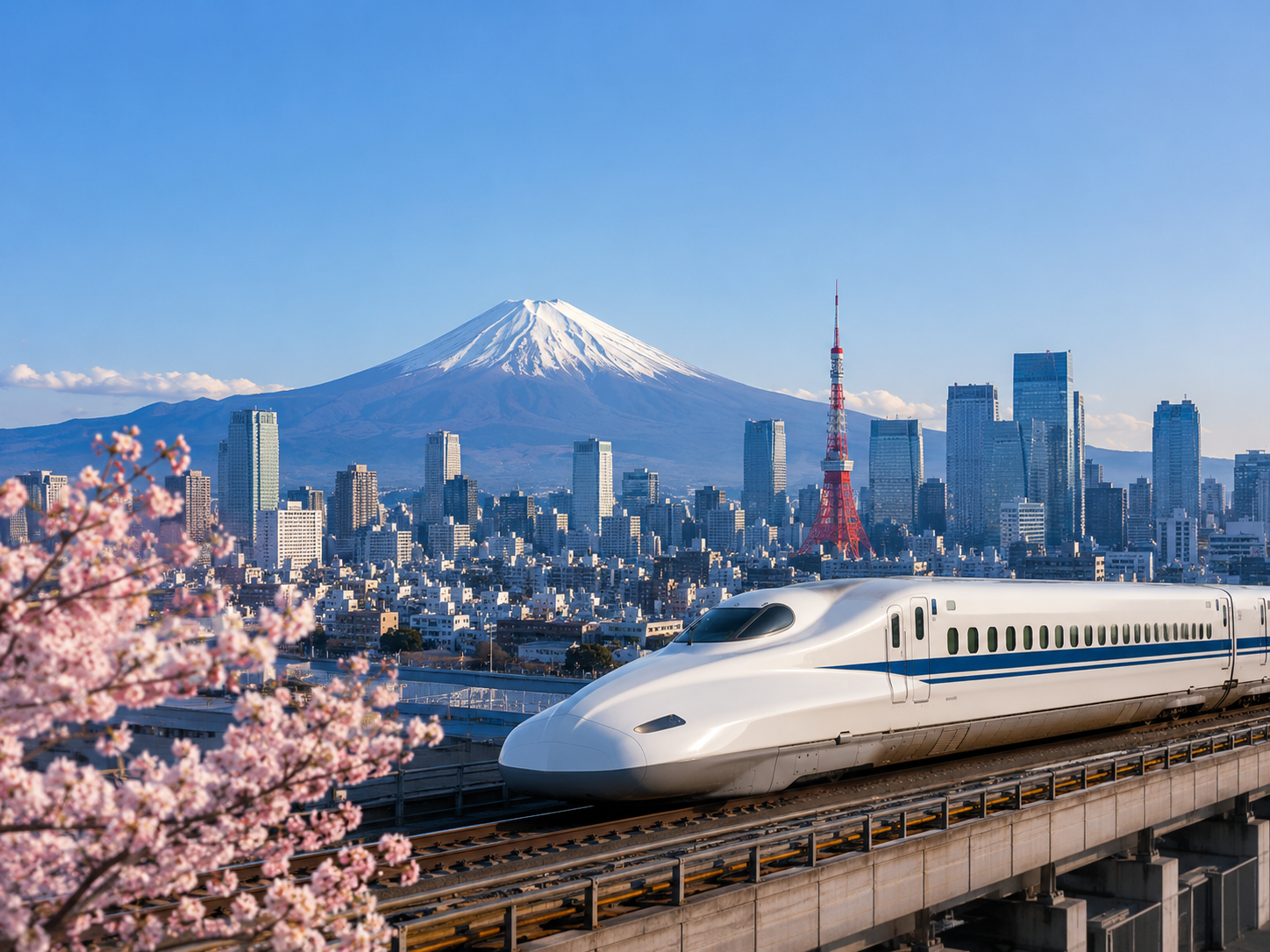 Tokyo skyline, Mount Fuji and a Shinkansen representing studying, working and living in Japan