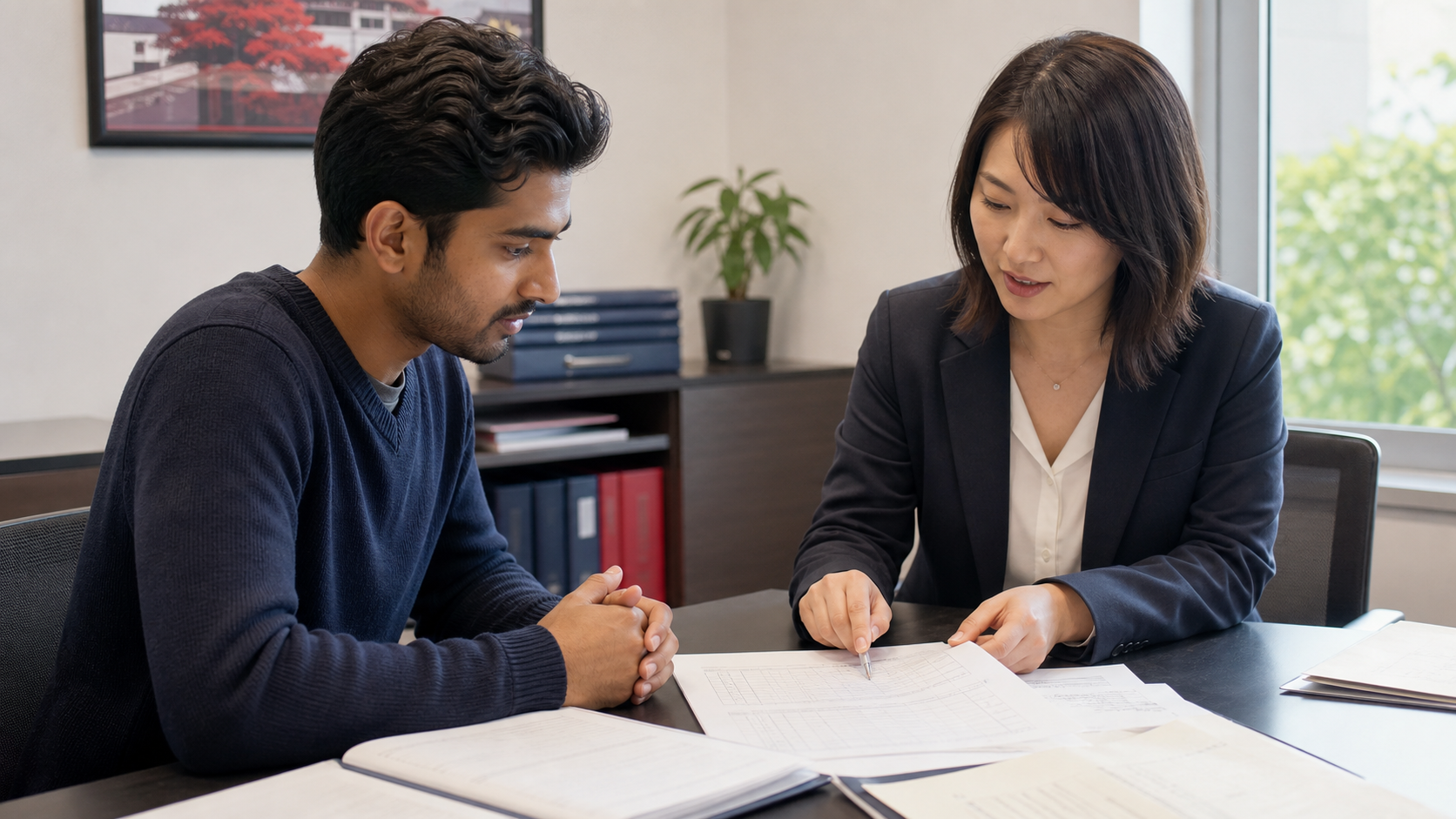 International student reviewing academic eligibility with a Japanese admissions adviser