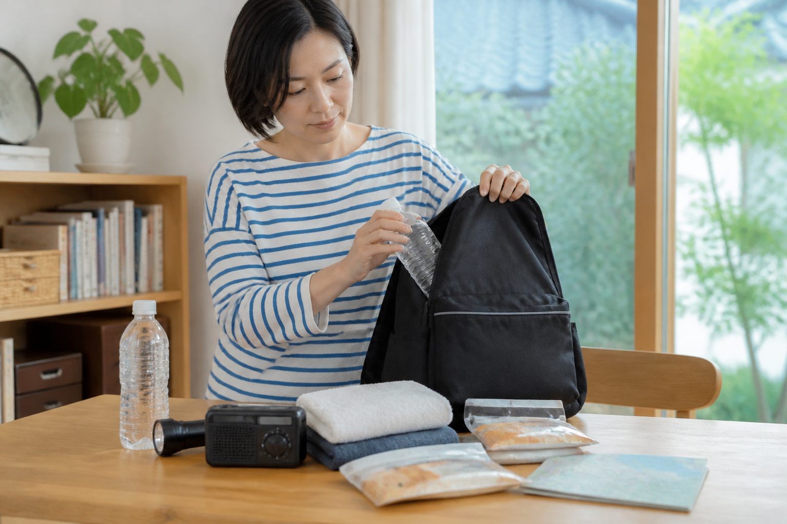 Resident preparing a household emergency bag at home