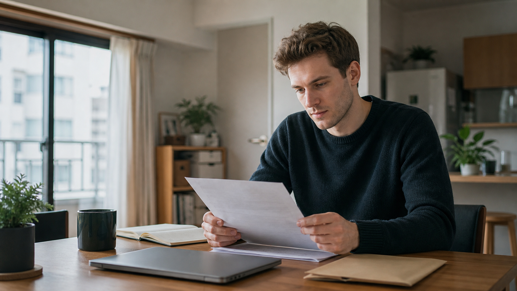Resident in Japan calmly reviewing a household notice at home