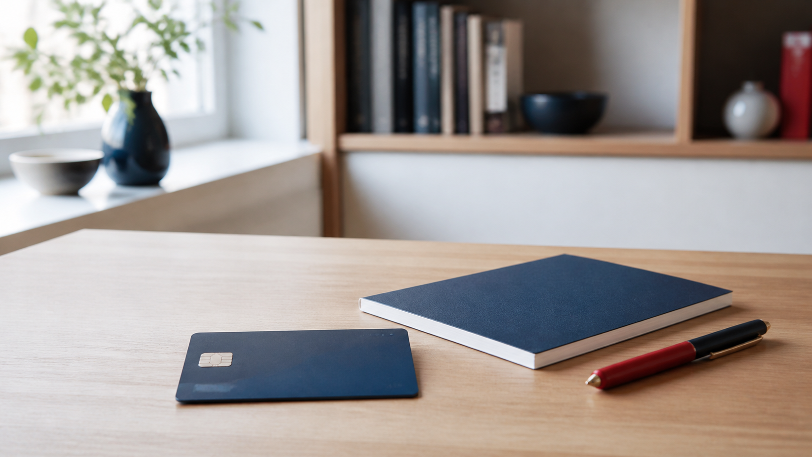 Unbranded bank card and notebook on a Japanese home desk