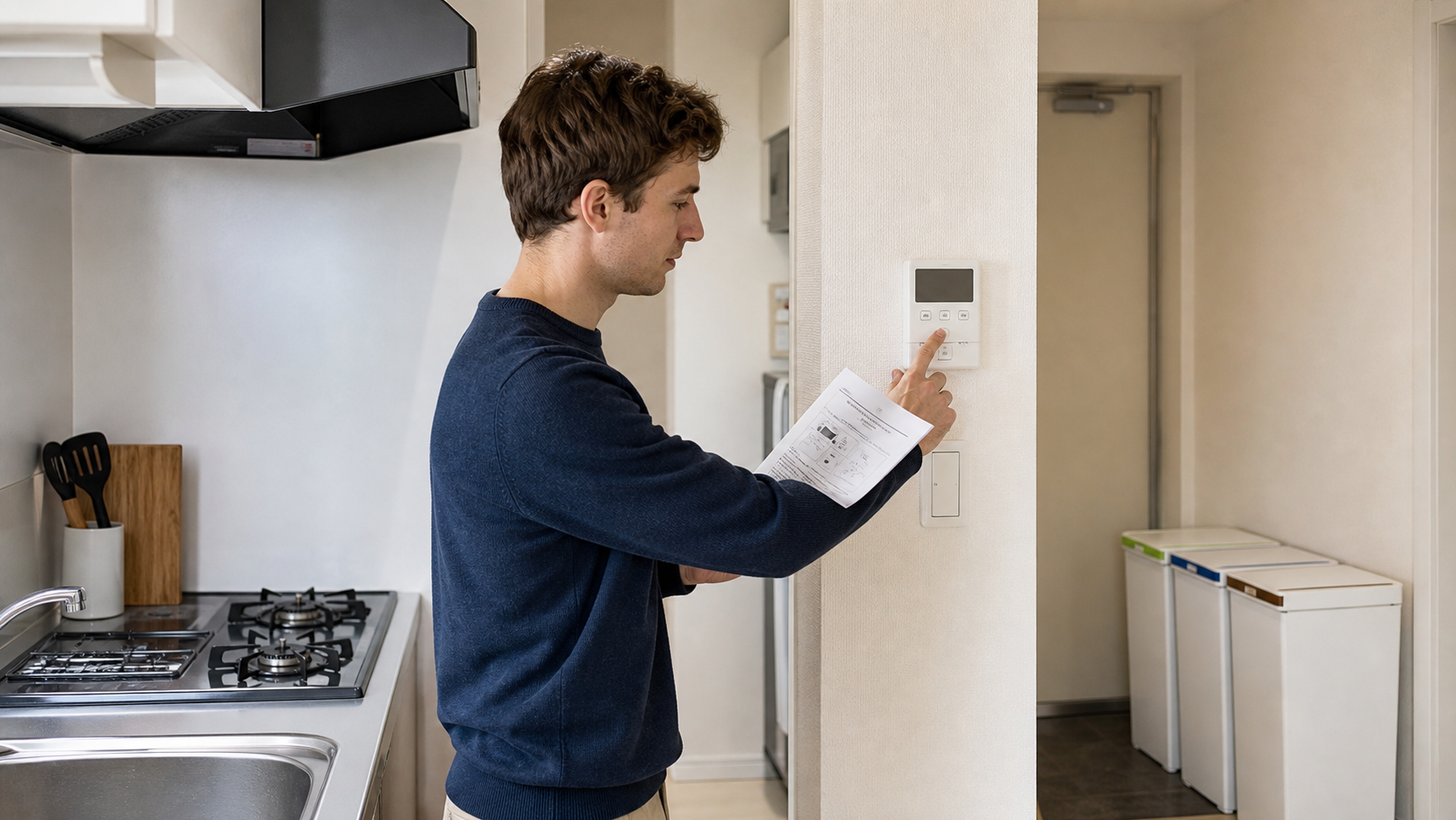 Resident checking household controls in a Japanese apartment kitchen.